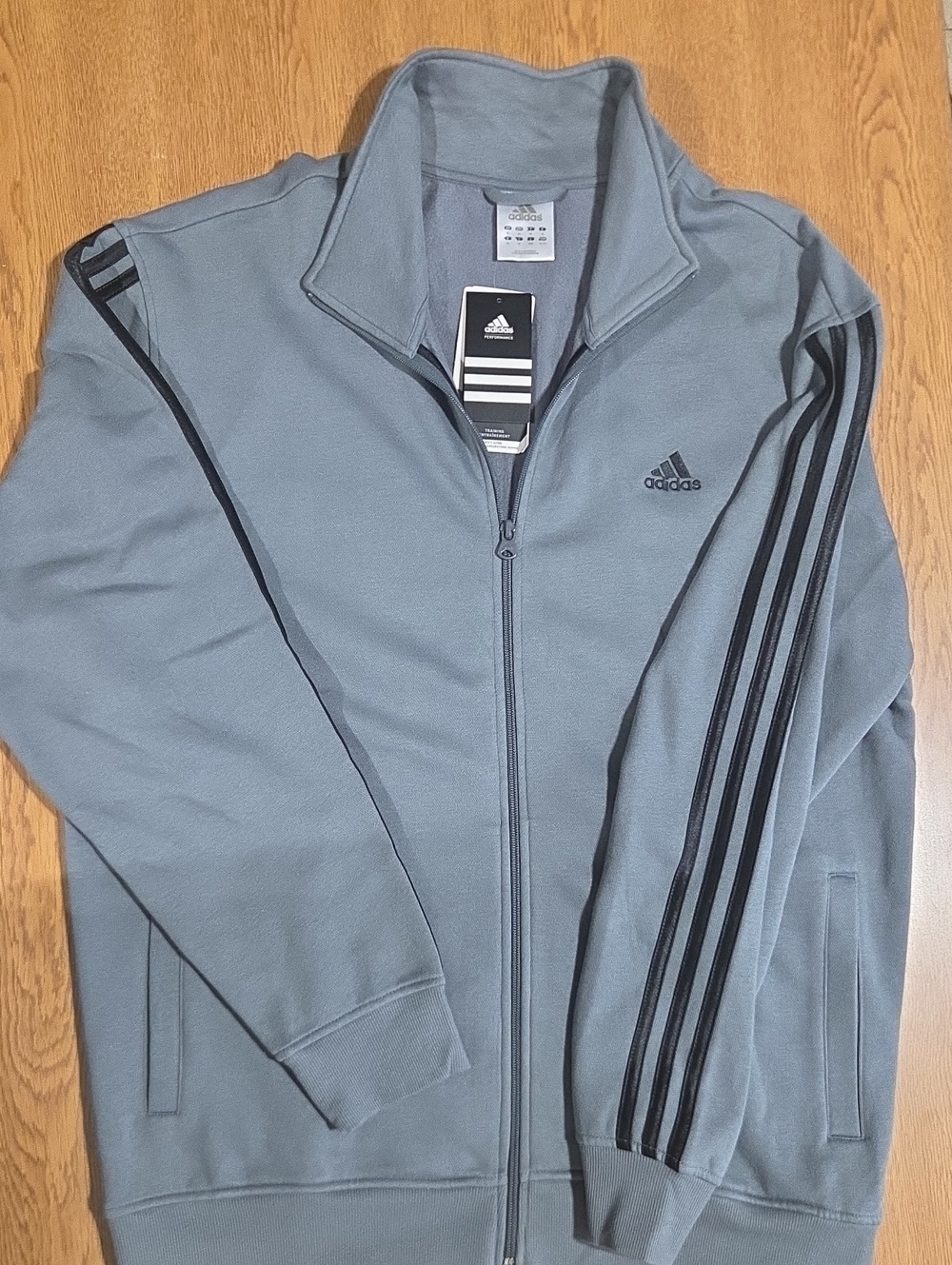 adidas Men's Light Gray Zip-Up Track Jacket with Black Stripes